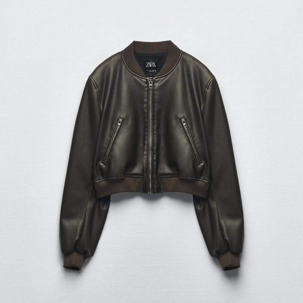 ZARA Distressed Worn Effect Brown Faux Leather Cropped Bomber Jacket | Sz XS